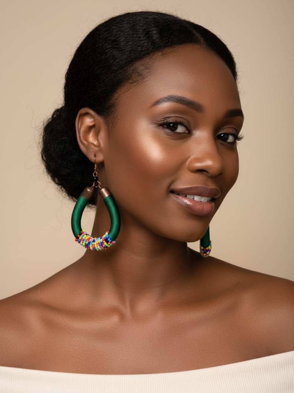Green Hoop Earrings with Multicolor Bead Accent - Women Jewelry